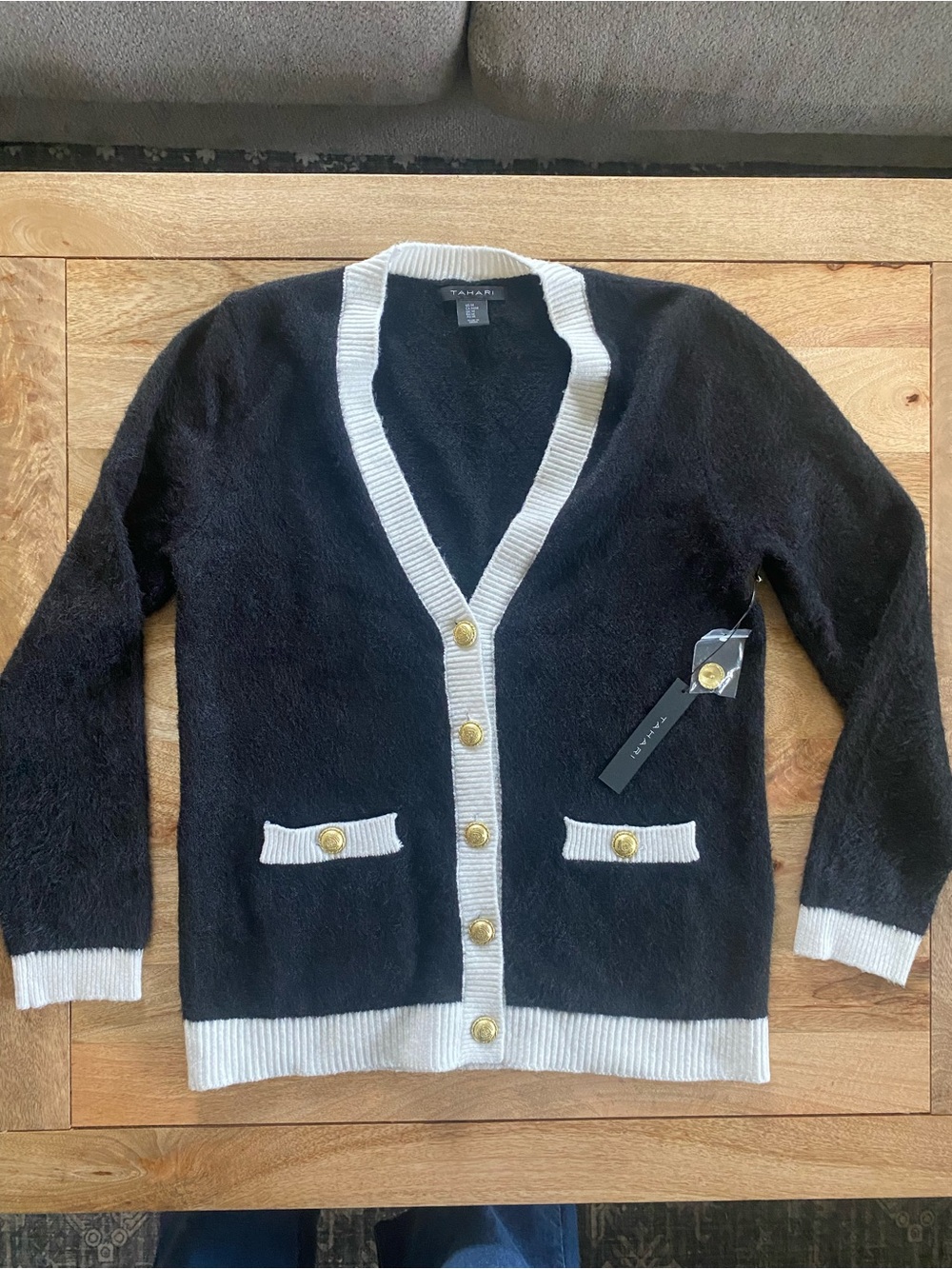 Tahari Black and White Trim Gold-Button V-Neck Cardigan